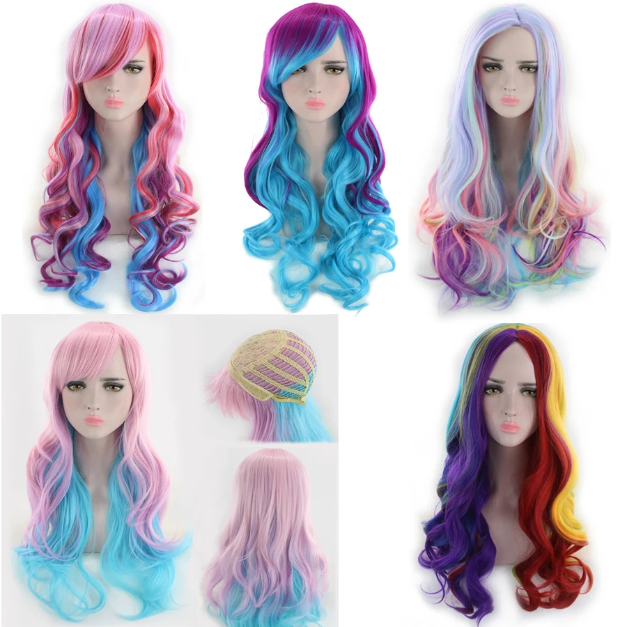 High Quality Harajuku Lolita Long Wavy Rainbow Wig With Bangs Synthetic Hair Cosplay Costume Party Colored Wigs For Women 65cm