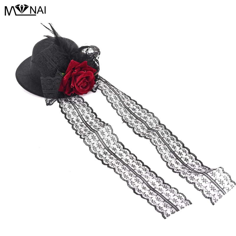 Women Gothic Fascinator Mini Top Hat Hair Clip Punk Rose Lace Bow Tie Feather Decoration Headwear Hair Accessories