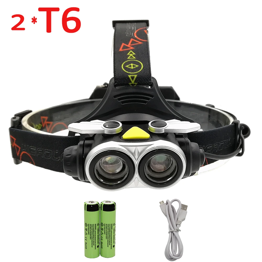 USB Rechargeable 2 x XM-L T6 LED Headlamp 2 LED Headlight Zooable flashlight Torch Lanterna +18650 Battery +Charger Cable