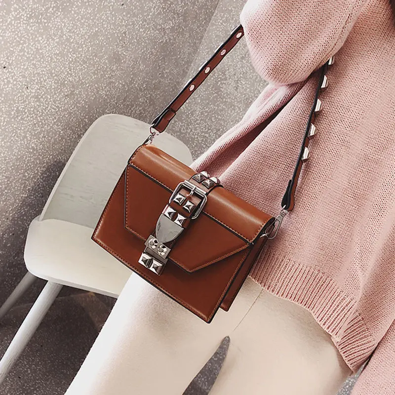 Ins Style Rivet Small Square Bag Female New Wide Shoulder Strap Female Bag Fashion Small Bag Shoulder Messenger Bag