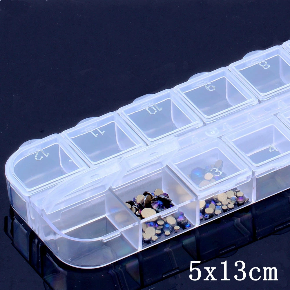 1pc Rectangle Shape Storage Box 12 Grid Rhinestone Plastic Box Tools Material Plastic Garment Nail Art Decorations Tools Case