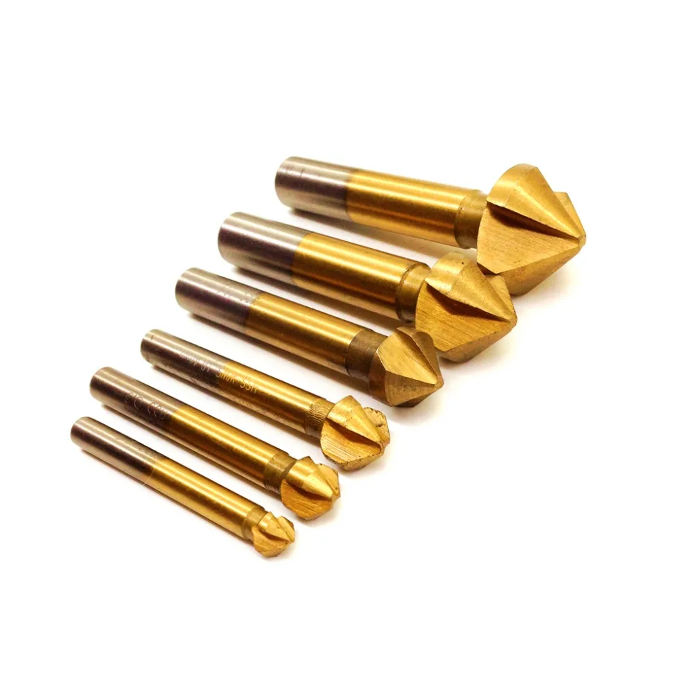 

6pcs 90 Degree 3 flute Titanium Coated Chamfer Chamfering Edge Mill Cutter Wood Countersink Drill Drilling Bits Steel