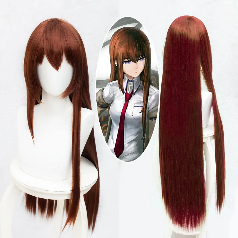 Perruque de Cosplay en Cheveux Synthétiques Longs et Lisses, Bonnet de Perruque d'Anime Steins Gate, Makise, Kurisu, Assistante de stitution Auburn, 100cm/1m