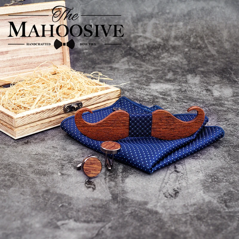 Mustache Wood Bowtie Handkerchief Cufflinks Sets for Mens Suit Wooden Bow tie dropshipping Bow Tie Bowknots Cravat