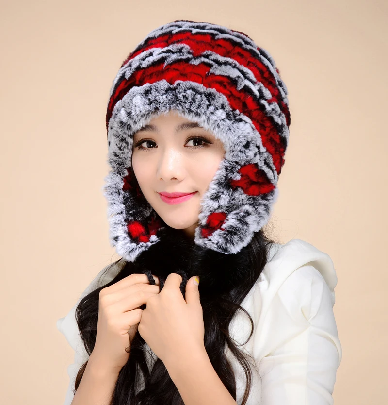 

2016 Lady Real Knitted Rex Rabbit Fur Bomber Hats Winter Genuine Women Fur Caps Female Headgear Ear Protector 0705