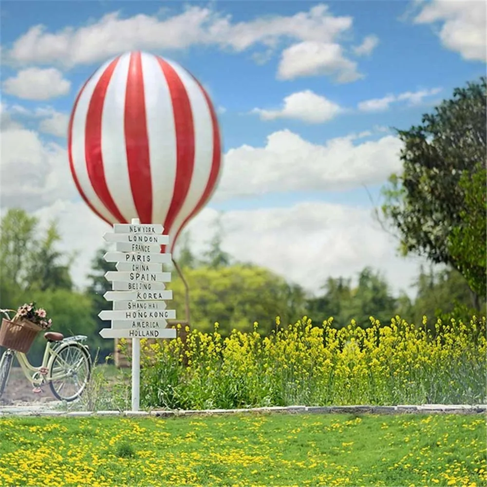 

Country Style Wedding Photography Backdrop Printed Hot Air Balloon Blue Sky Clouds Bike Flowers Spring Scenic Photo Background