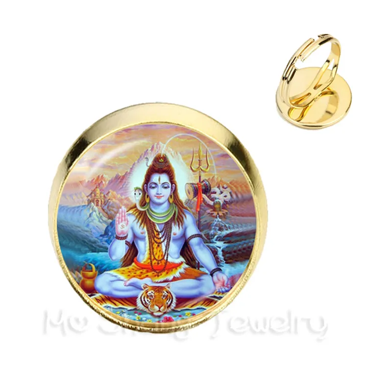 Classic India Rings God Brahma,Vishnu, Lord Shiva Jewelry Glass Cabochon Adjustable Golden Plated Religion Jewelry Gift