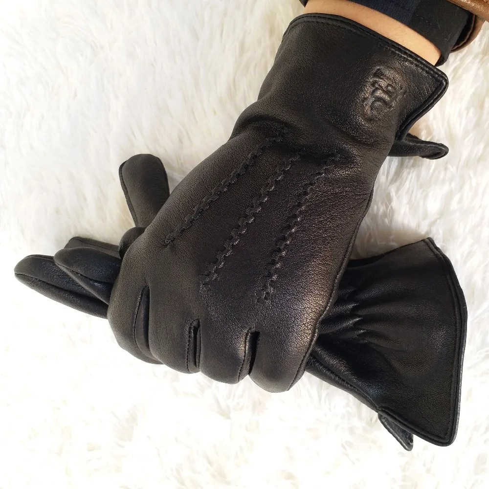 New deer skin pattern design leather gloves male warm soft Sheepskin men\'s glove black three lines design men mittens