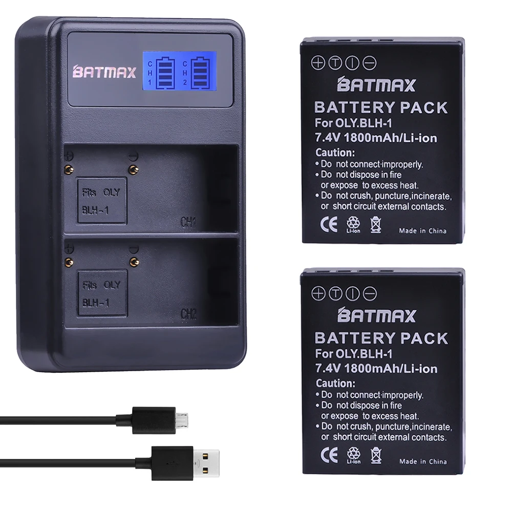 Batmax 2Pcs 1800mAh BLH-1 BLH1 Camera Batteries Accu + LCD Dual USB Charger for Olympus EM1-2 EM1 Mark 2 Cameras