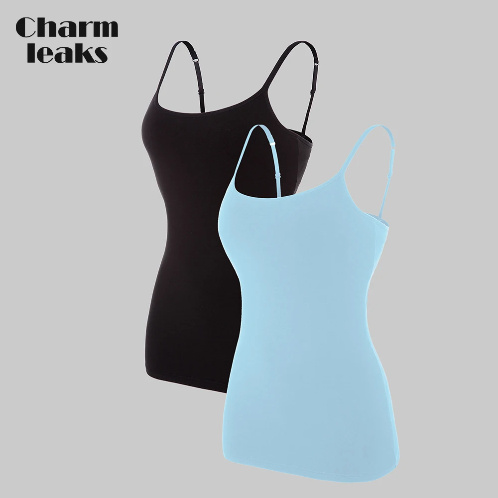 Charmleaks Women Basic Camis Cotton Soft Camisole Slim Sling Tank Tops Adjustable Straps Night Sleepwear Fitness Wear Pack of 2