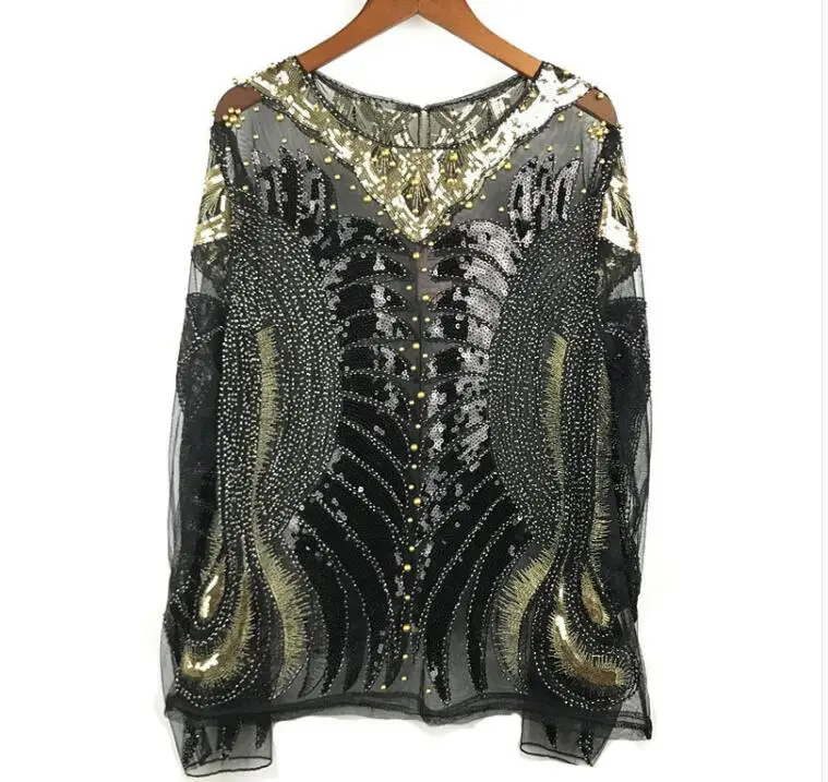 

Women's Luxury Vintage Shiny sequins paillette Beaded Shirt Female Club Party Dancing Performance Pullover lace Tops Tees TB589