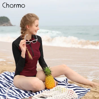 Charmo-여성용 긴 소매 프론트 지퍼 러쉬가드 셔츠, 수영복, 패치 워크 수영복, 서핑 탑, 하이킹 셔츠, 래쉬 가드, UPF50 + 