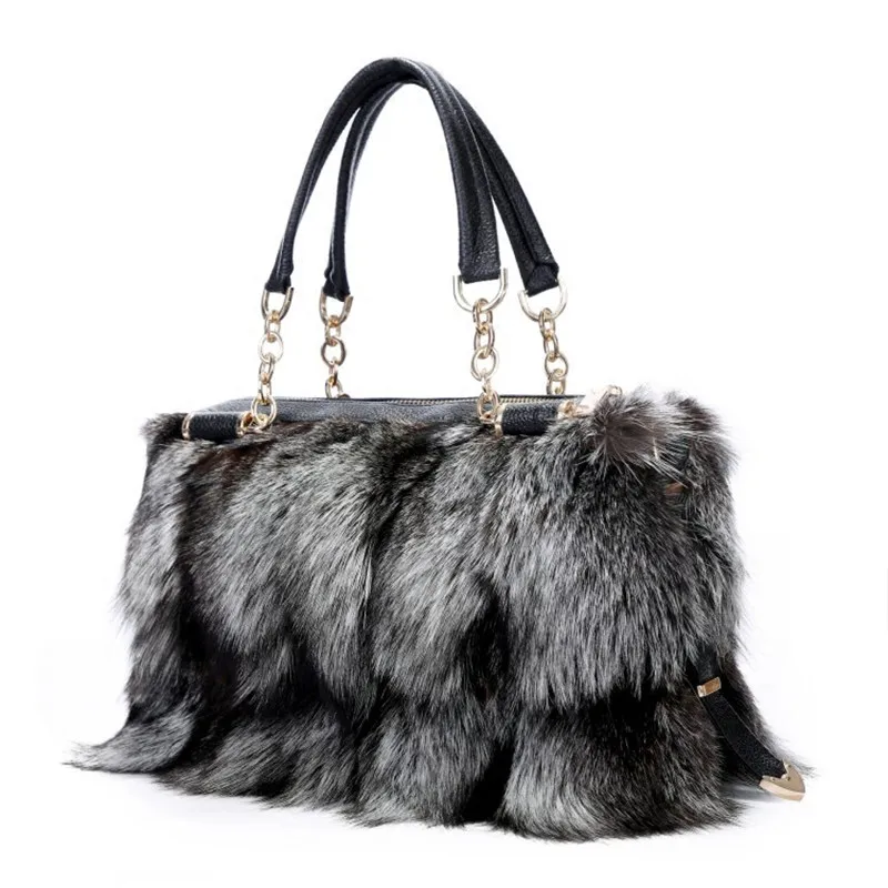 100% Real Fur Women Handbags Real Silver Fox Fur Messenger Bags Female Real Fur Purse Envelope Bag Real Leather Evning Bag