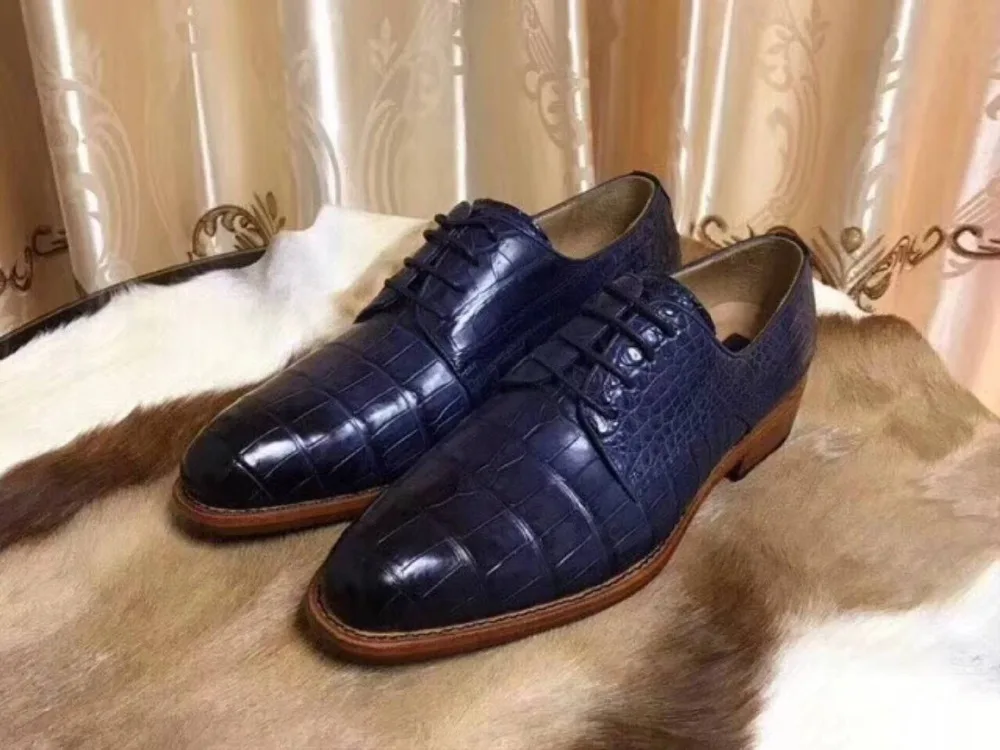 

100% Genuine real crocodile belly skin men shoe durable solid crocodile skin men business shoe with 2 colors mixed deep blue