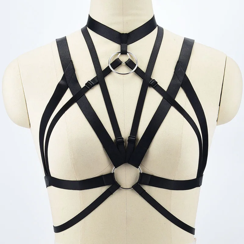 

Fetish Wear Body Harness With Silver Big O-ring Pendant Harajuku Bondage Harness Lingerie Women Body Cage Bra Sexy Harness Bra