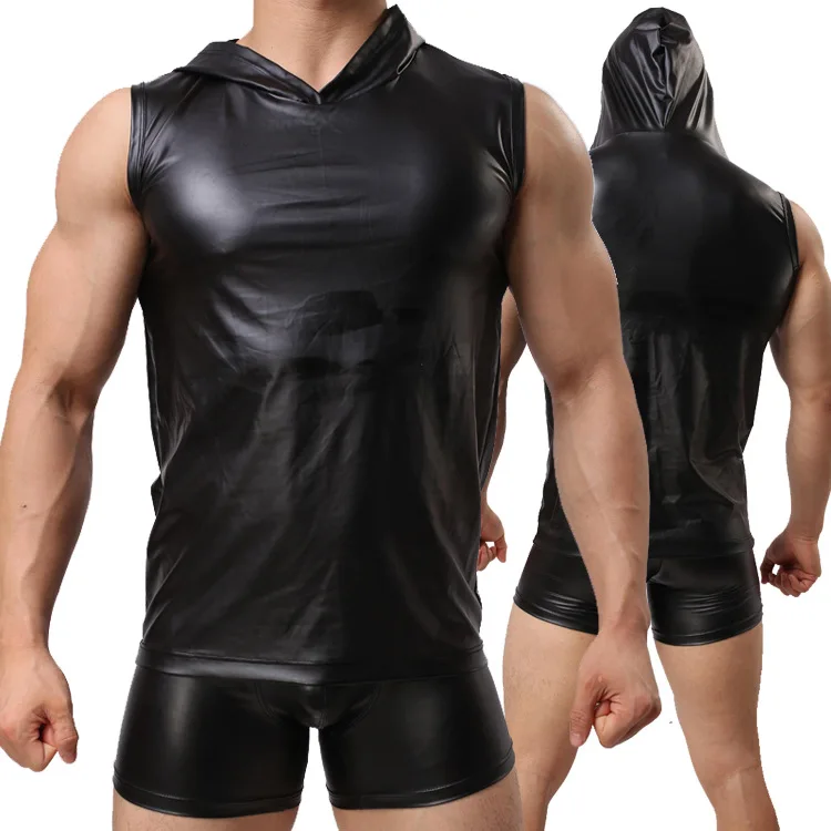 New Sexy PU Faux Leather T-Shirts Hooded Cool Men Night Tight Shirts Leather Slim Shirt High Quality FX1022