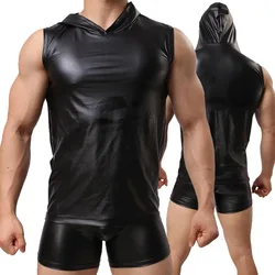 New Sexy PU Faux Leather T-Shirts Hooded Cool Men Night Tight Shirts Leather Slim Shirt High Quality FX1022