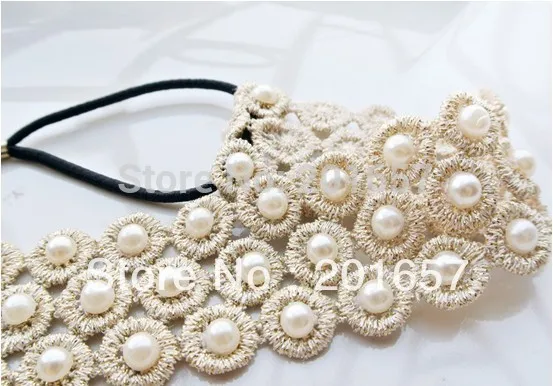 Romantic pearl 3cm Lace elastic headband for hair Wholesale fashion bohemian lace with pearl handmade elastic hairband headband