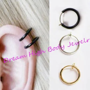 Fake Nose Ring Piercing Clip On Lip Hoop Rings Earrings Steel Black Ear Stud Body Jewelry For Girl Women Punk Round No Hole