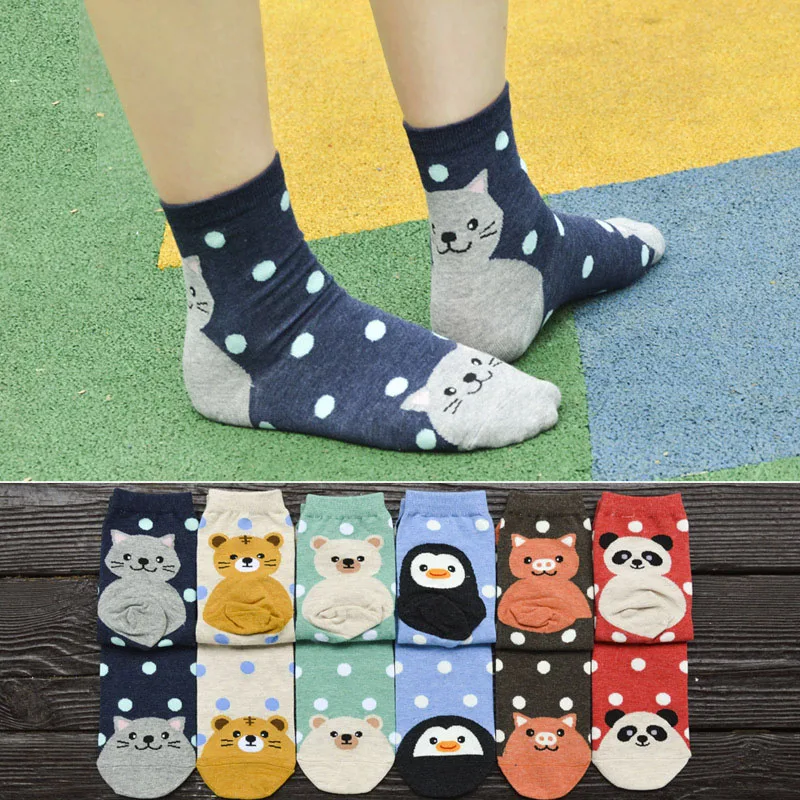 Calcetines de colores para mujer, calcetín con estampado de oso, cerdo y gato, para otoño e invierno, 6 pares