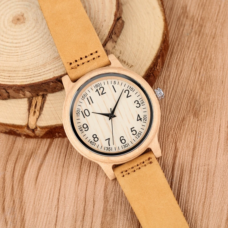 Natural Bamboo Wooden Watches Ladies Watch Female Precise Scale Wood Wristwatch Slim Leather Band Quartz Watches for Women Girls