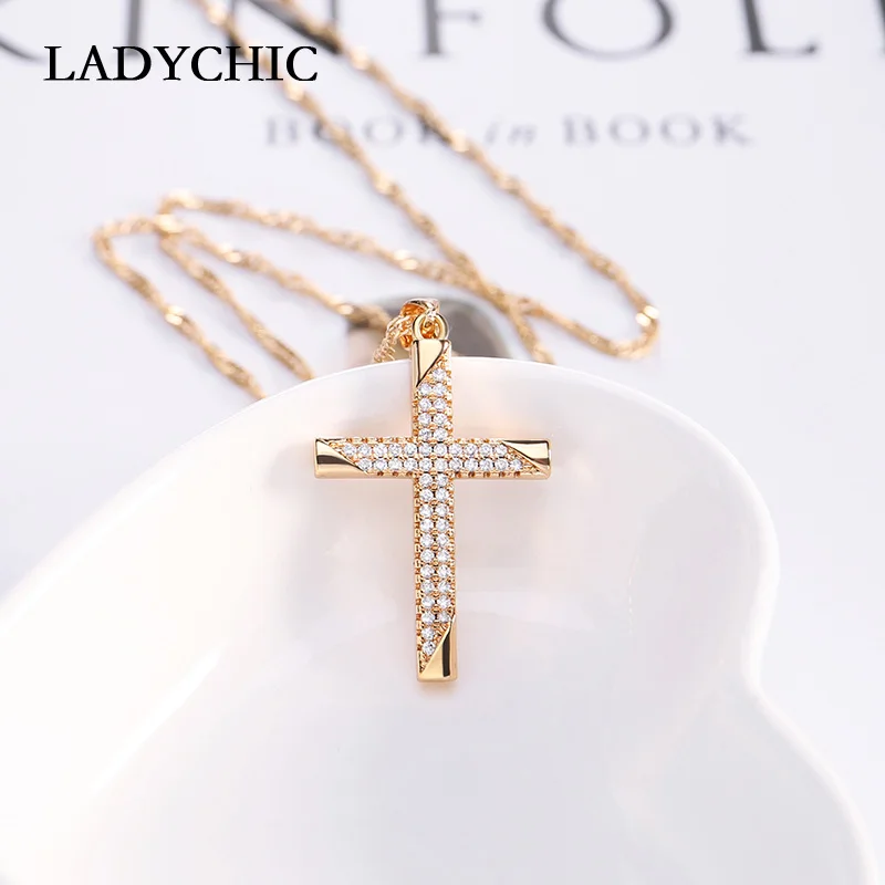 LADYCHIC Gold Color Cross Charm Pendant Necklace with Austrian Zircon Crystals Men & Women Christ Jesus Cross Necklaces LN1109