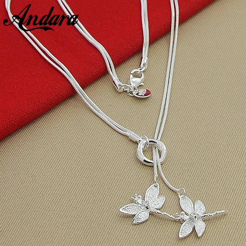 

New Fashion 925 Silver Two Dragonfly Pendants Necklaces Elegant Women Trendy Jewelry N201