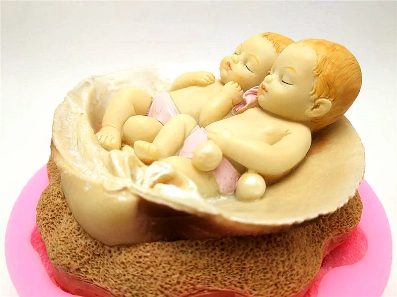 3D Shell Sleep Twin Baby Mould Cake Decorating Tools Handmade Chocolate Soap Silicone Mould