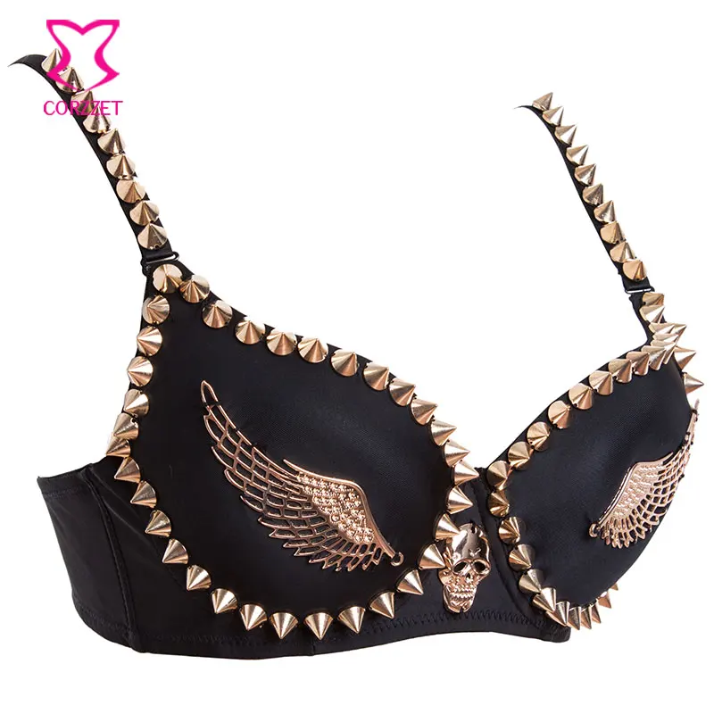 Exotic Lingerie Black Cotton Gold Stud Rivet Spike/Wings Women Sexy Brassiere Nightclub Steampunk Belly Dance Push Up Bra Top