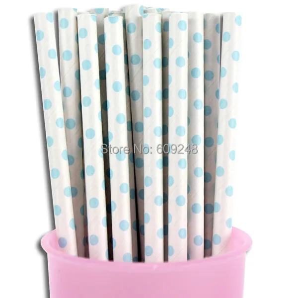 100 Pcs Mixed Colors Disposable Biodegradable Decorative Party Light Blue Swiss Dot Drinking Paper Straws