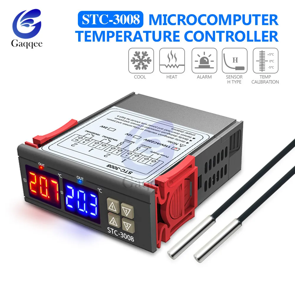 STC-3008 Dual Digital Temperature Controller Two Relay Output Thermostat with Sensor DC12V 24V AC110-220V Home Fridge Cool Heat