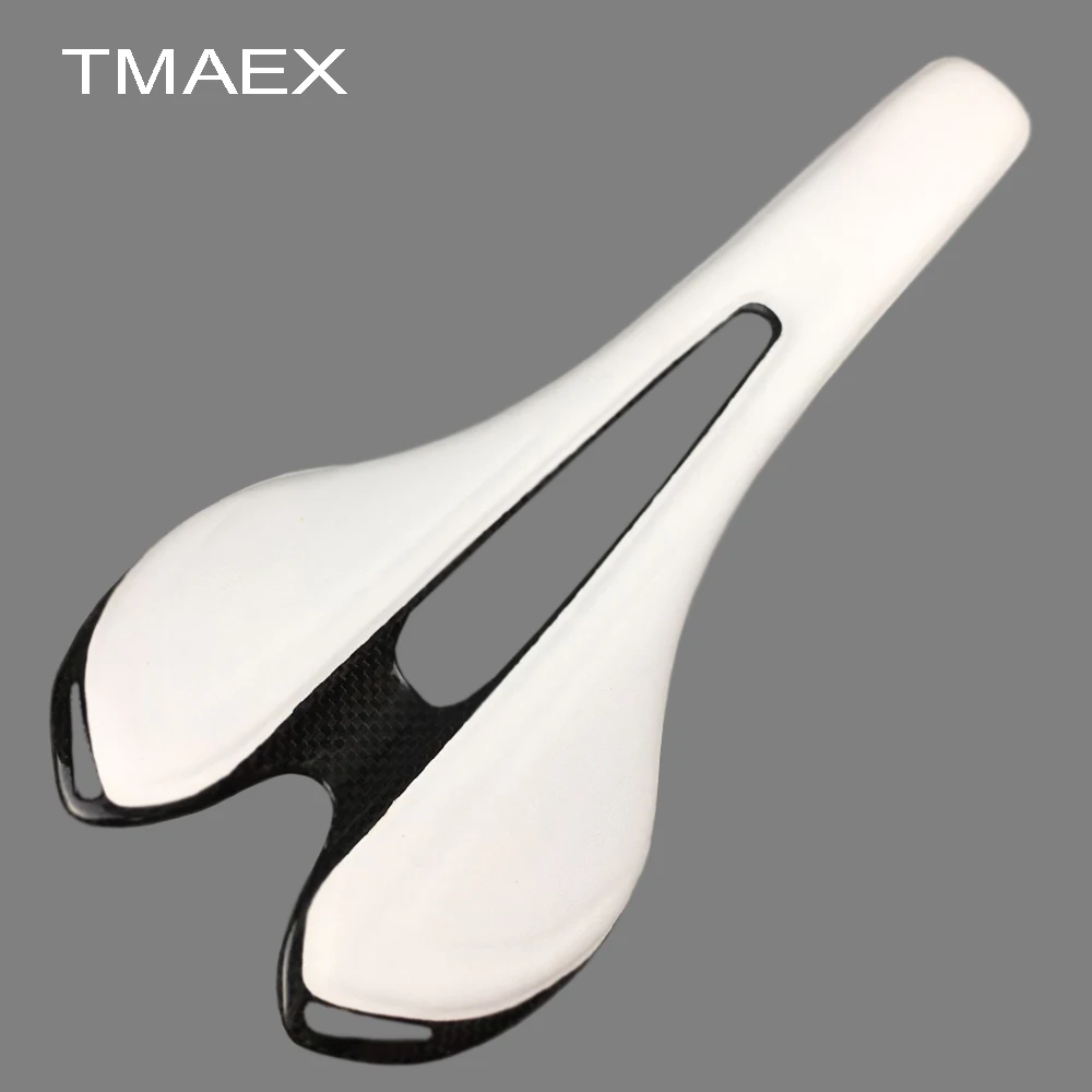 Carbon Hollow Saddle for Bicycle, Super Light Weight, White Leather Saddle, MTB Seat, Road Parts, New