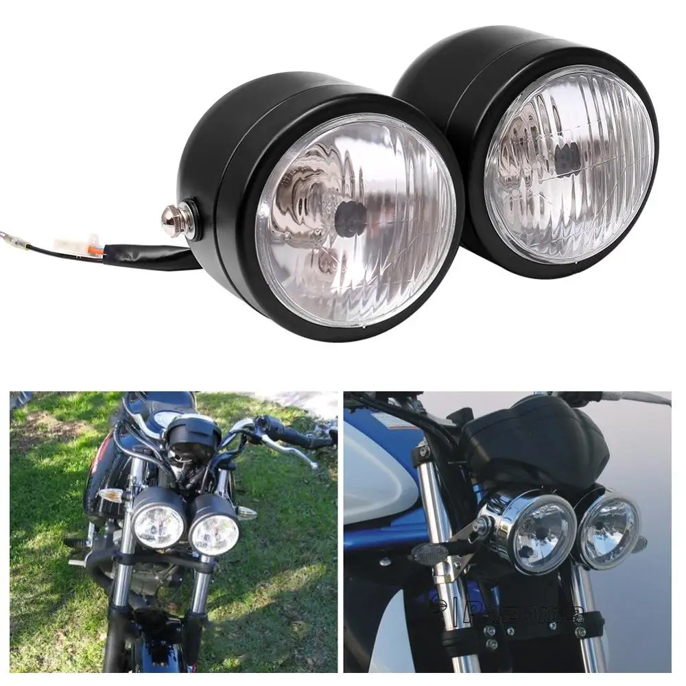 Black Twin Front Headlight Motorcycle Double Dual Lamp Street Fighter Universal For Harley Dual Sport Dirt Bikes