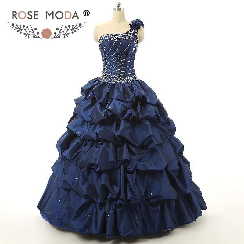 Rosa moda um ombro marinha quinceanera vestido de cristal princesa bola vestido fotos reais