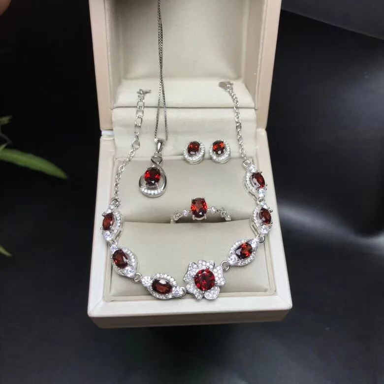 

KJJEAXCMY boutique jewels 925 pure silver inlaid with pure natural garnet pendant ring earrings necklace 4 set flowers flow curv