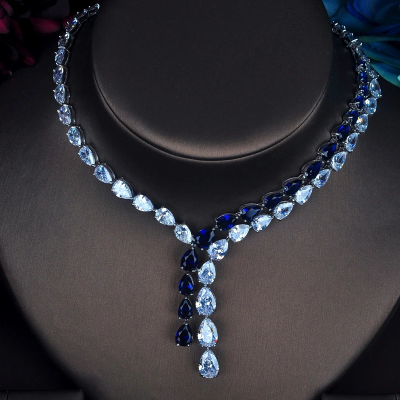 HIBRIDE Luxury Clear And Blue Water Drop Jewelry Sets For Women Necklace Set Wedding Dress Accessories Wholesale Price N-388