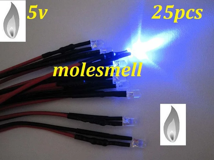 Free shipping 25pcs 3mm Blue Flicker 5V Pre-Wired Water Clear LED Leds Candle Light 20CM