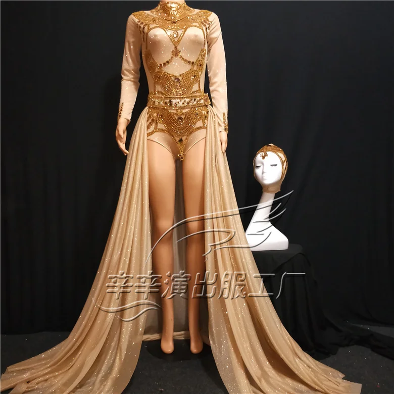 

Women Occident Style Sparkly Gold Rhinestones Sequin Sexy Bodysuit Long Trail Headdress Dance Outfit Set Fashion Show Costume