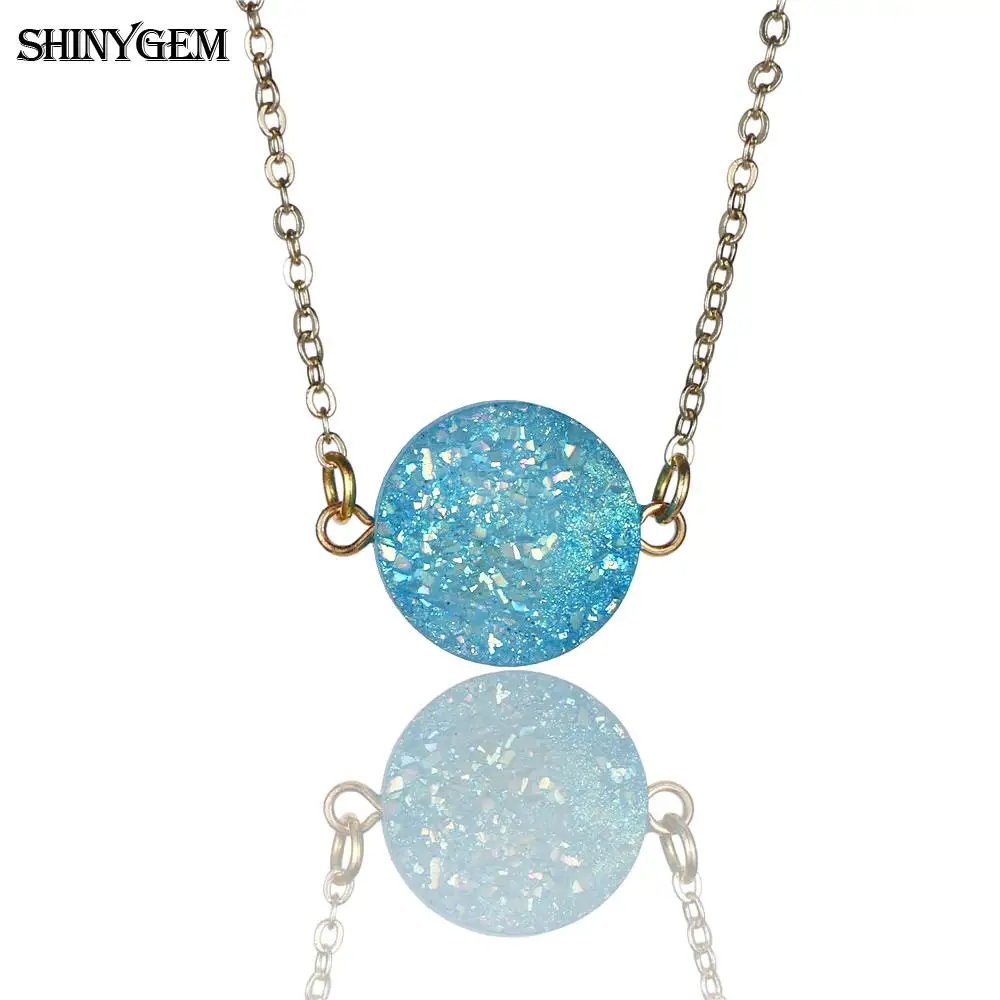 

ShinyGem Lucky Druzy Beads Pendant Necklaces Gold Chain Natural Gem Stone Smooth Flat Round Crystal For Women