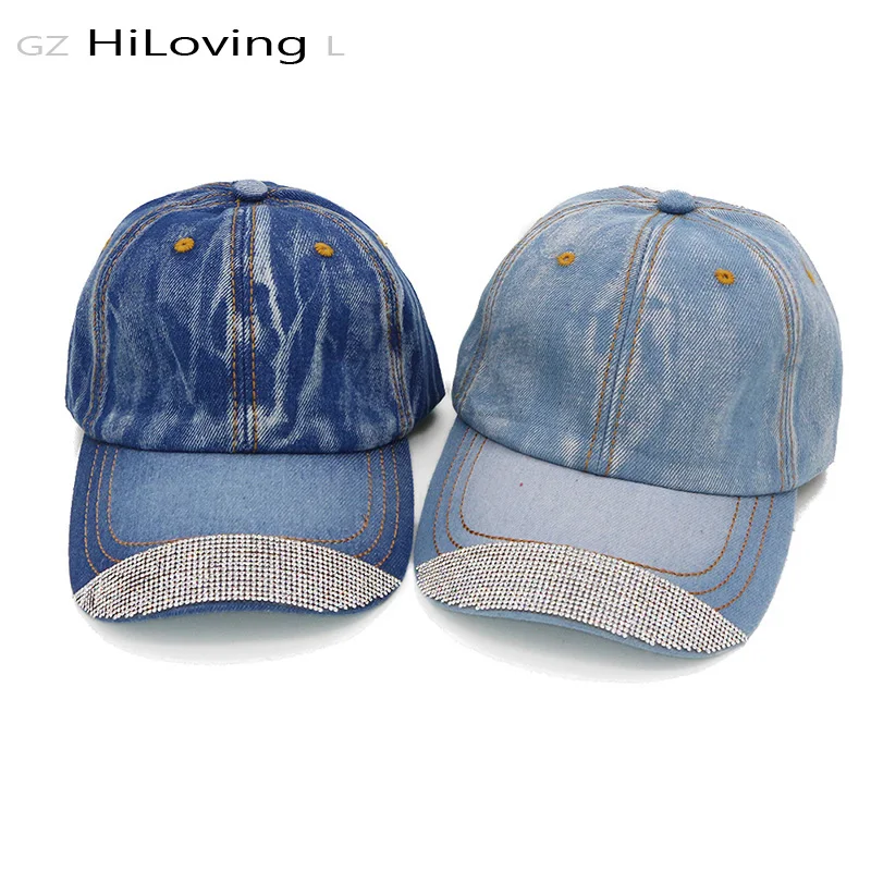 GZHilovingL 2017 New Solid Color Casual Diamond Denim Baseball Cap Simple Womens Cotton Jeans Caps Summer Snapback Caps Hats