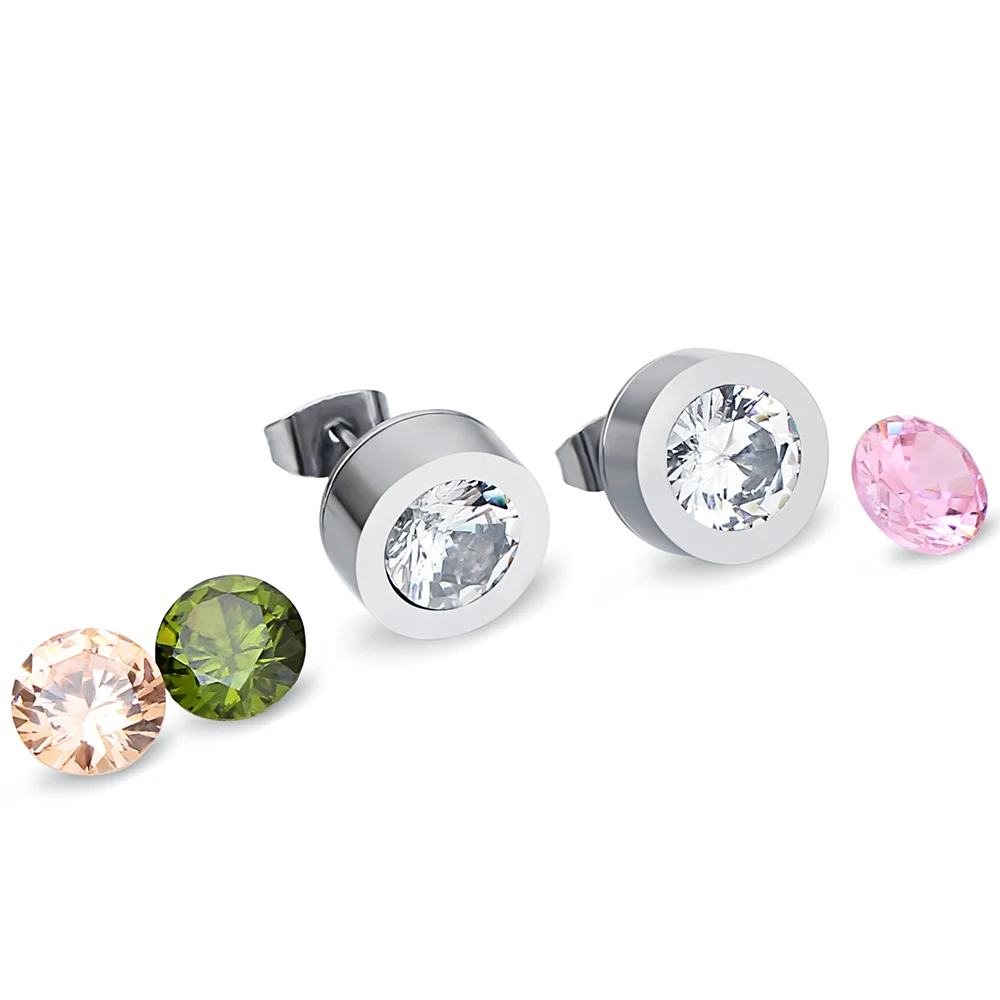 Shining 4 Color CZ Stone Replaceable Stud Earrings For Women Wedding Gift Top Quality Brand Woman Stainless Steel Cерьг