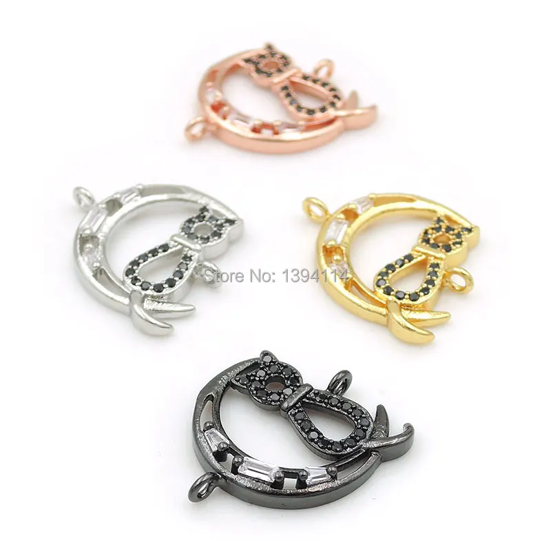 17*16*3mm Micro Pave Clear&Black CZ Combination Connector Of Crescent And Cat Fit For Women As DIY Bracelets Accessory