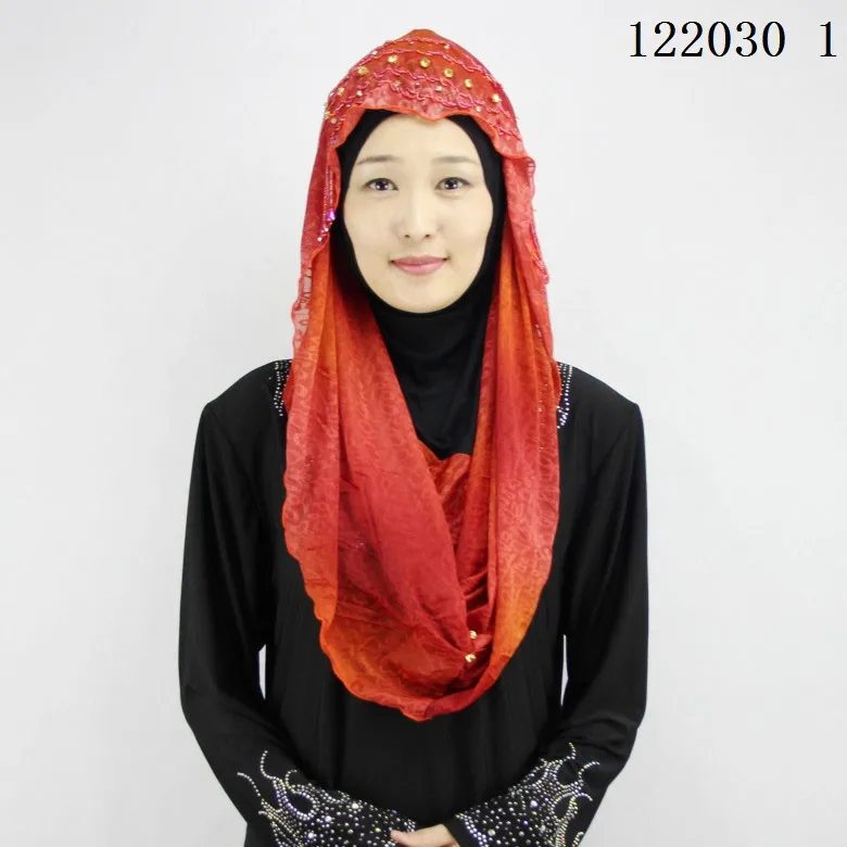 beautiful Islamic women head scarf ramadan beaded blue purple red flower printing muslim hijab caps