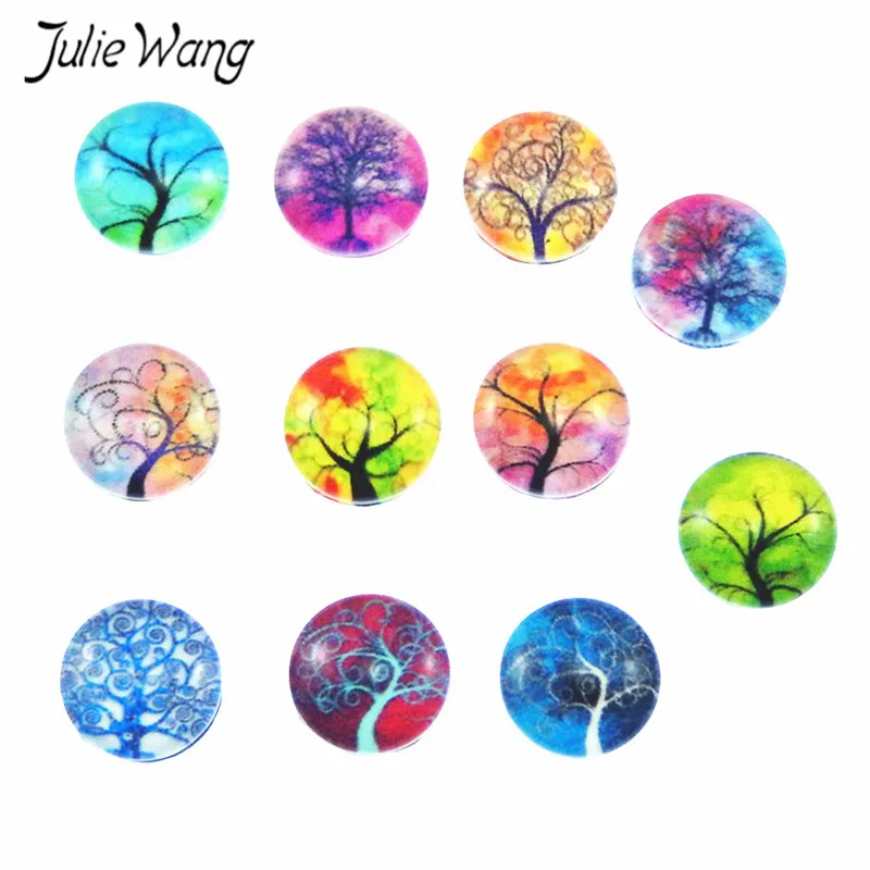 

Julie Wang 10PCS Wholesale Round Cabochon Life Tree Pattern Luminated Glass Cabs Glow in Dark Jewelry Findings Diameter 12mm