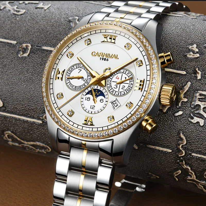 Luxury Brand CARNIVAL Switzerland Automatic Mechanical Men's Watches Multi-function Diamond Waterproof Moon Phase Clocks C8734G