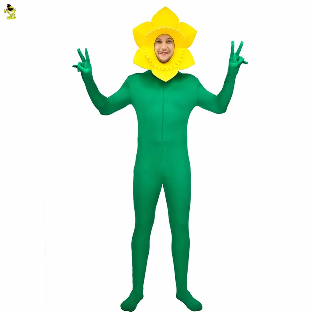 

Sunflower Costume Adult Men Fancy Dress With Yellow and Green Flower Costume Jumpsuit Funny Role Play Party