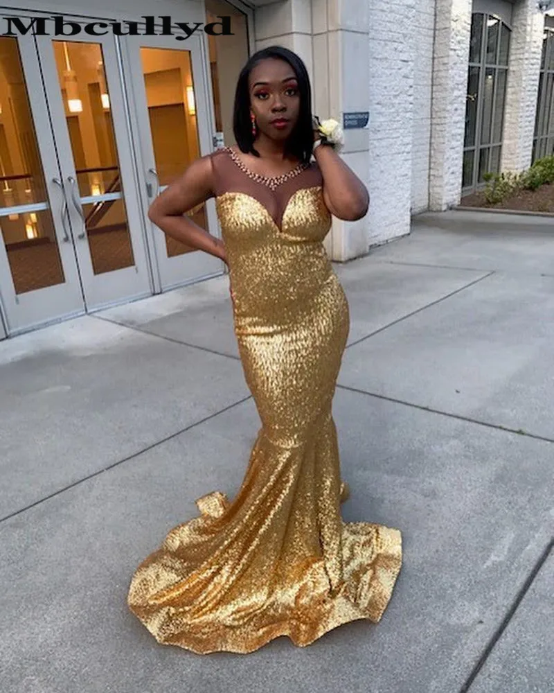 Mbcully Sheer Scoop Black Girls Mermaid Gold Prom Dresses Long 2023 Crystal African Backless Formal Evening Party Gala Gowns