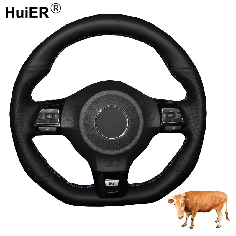 Hand Sewing Car Steering Wheel Cover Top Cow Leather For Volkswagen Golf 6 GTI MK6 VW Polo GTI Scirocco R Passat CC R-Line 2010