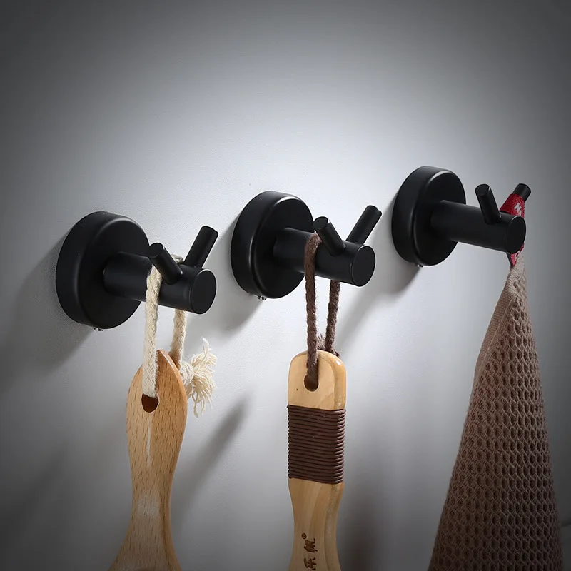 

Robe Hooks Nail Free Door Clothes Coat Hat Hanger Black Double Hooks Kitchen Bathroom Rustproof Towel Hooks 304 Stainless Steel