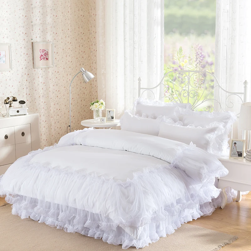 Imagem -04 - Coreano Princesa Azul Rosa Branco Renda Plissado Kit de Cama de Casamento Tamanho King Queen Capa de Travesseiro Fronha Saia de Cama Quatro Peças